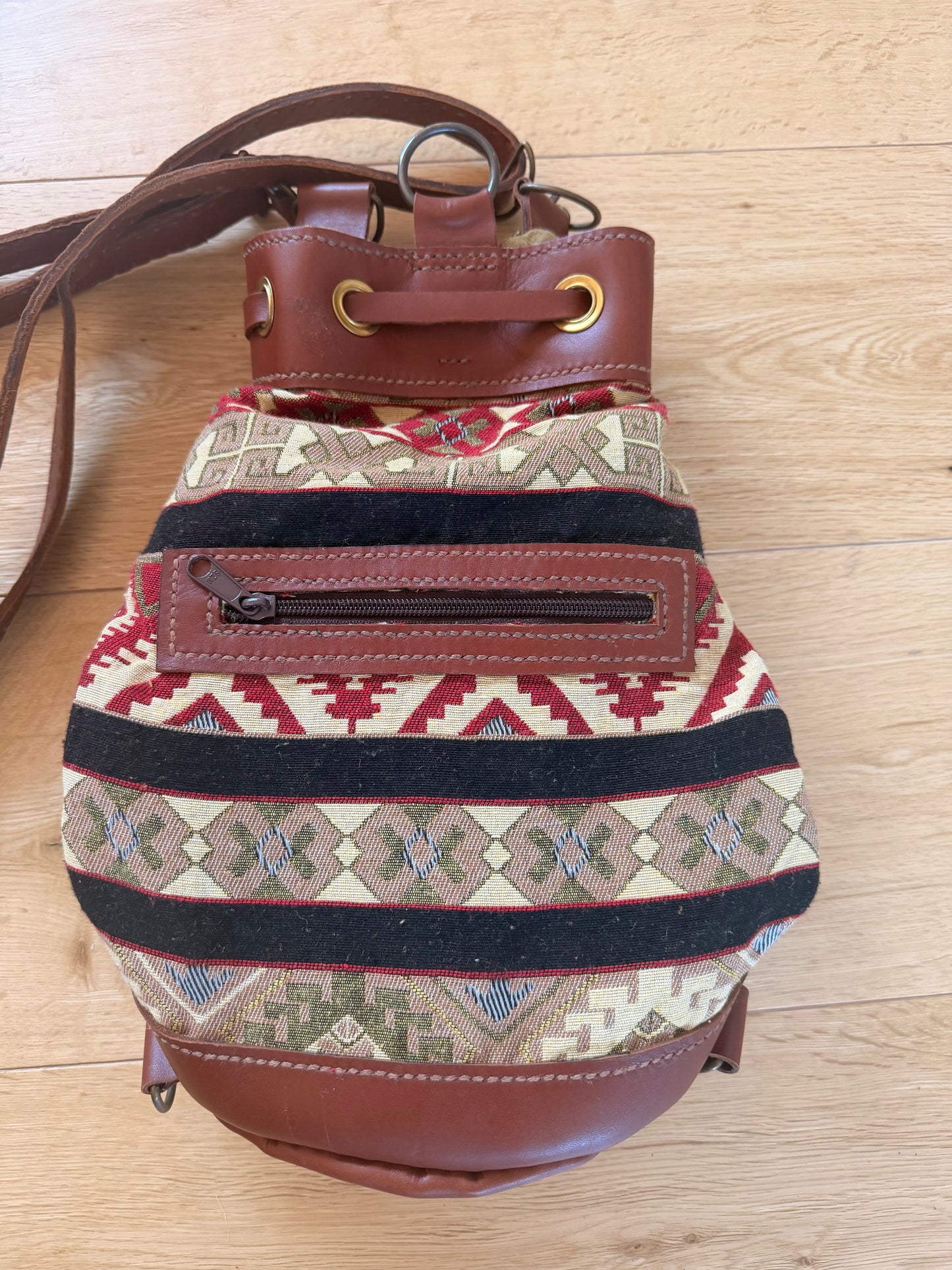 Women's Wanderer Backpack – Coffee leather with Sahara Tapestry cotton