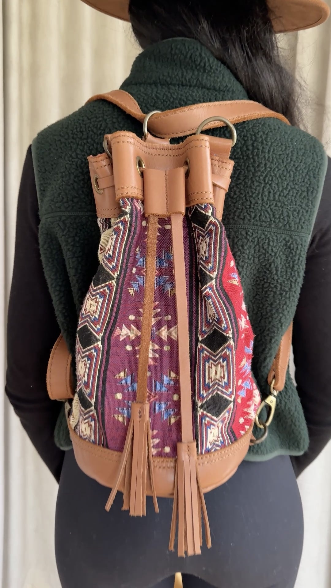 Women's Wanderer Backpack – Coffee leather with Indigo Sky woven cotton detailing