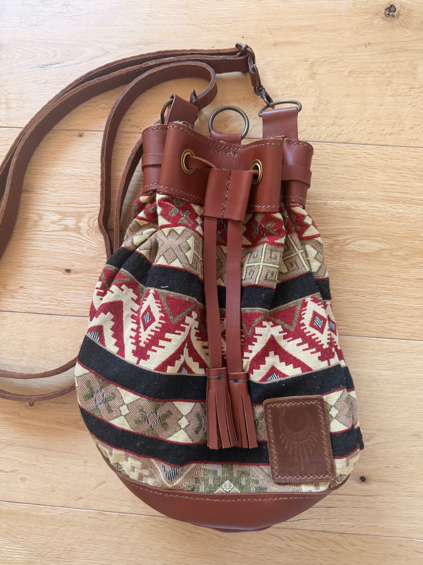 Women's Wanderer Backpack – Coffee leather with Sahara Tapestry cotton