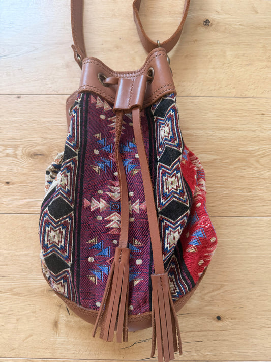 Women's Wanderer Backpack – Coffee leather with Indigo Sky woven cotton detailing