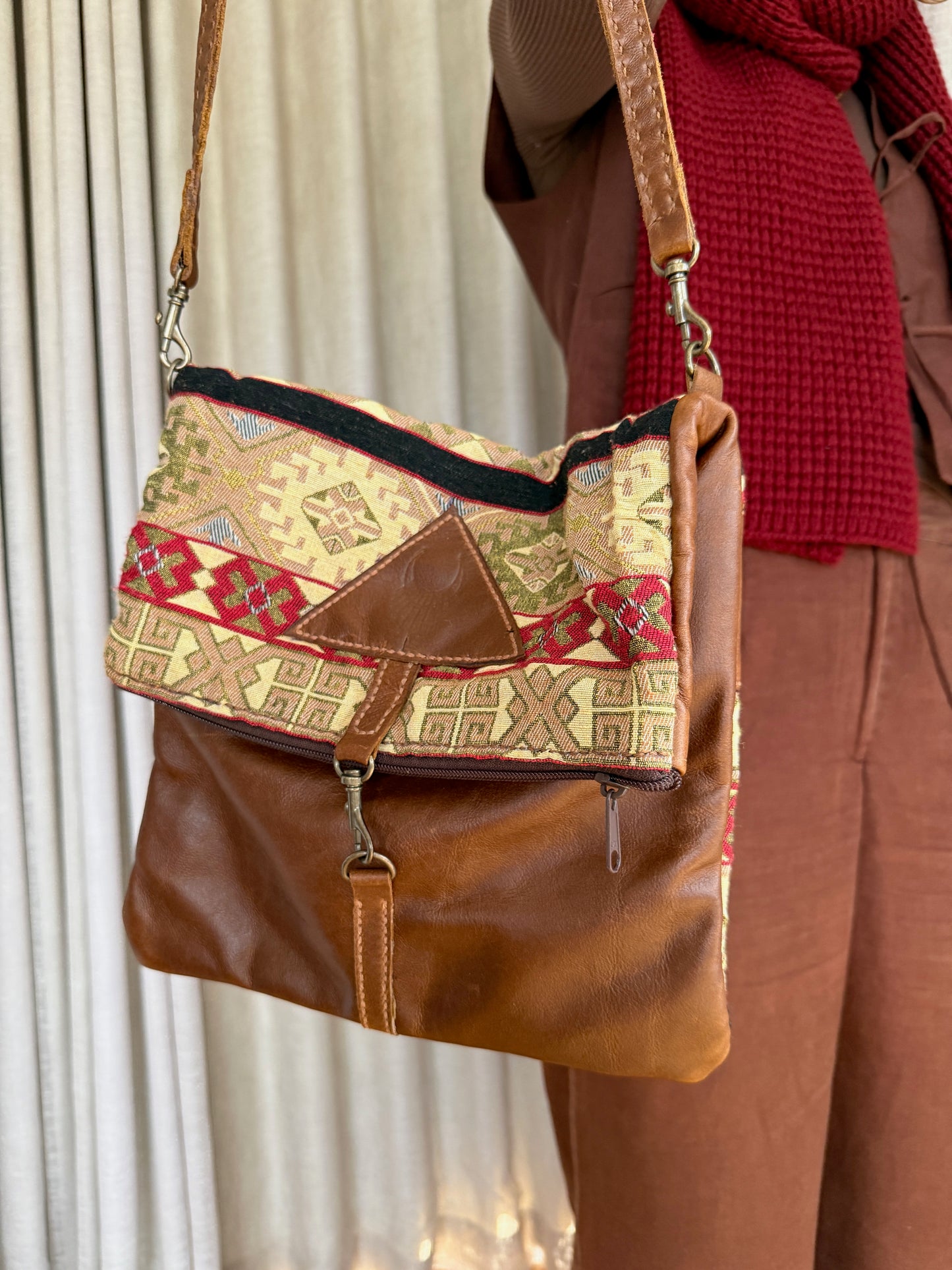 Women's Pyramid Fold Over Bag - Coffee leather with Sahara Tapestry woven cotton detailing