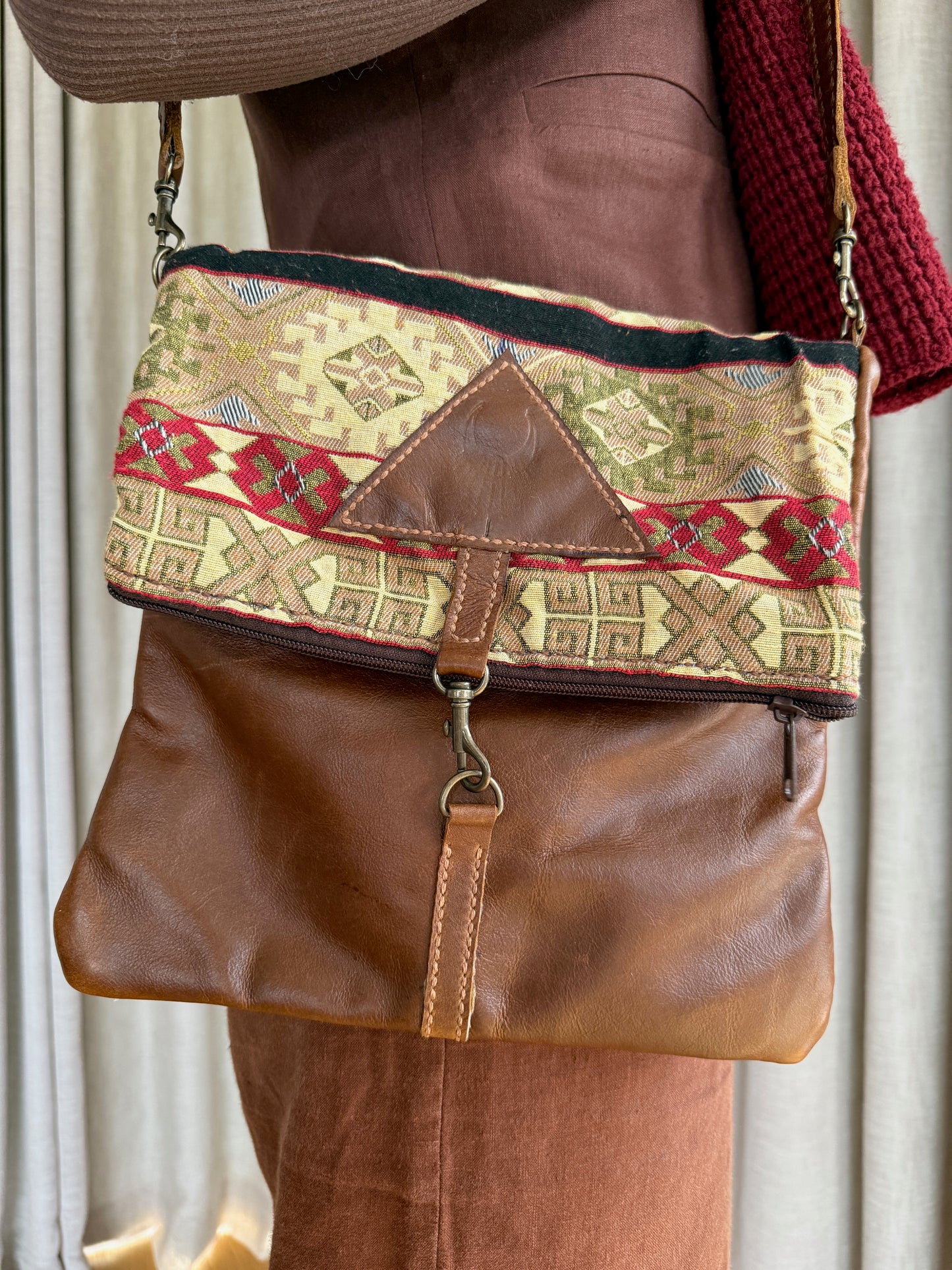 Women's Pyramid Fold Over Bag - Coffee leather with Sahara Tapestry woven cotton detailing