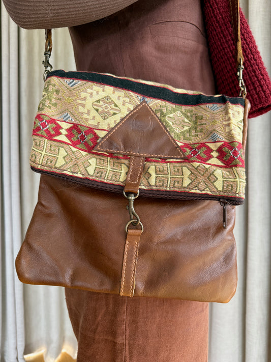 Women's Pyramid Fold Over Bag - Coffee leather with Sahara Tapestry woven cotton detailing