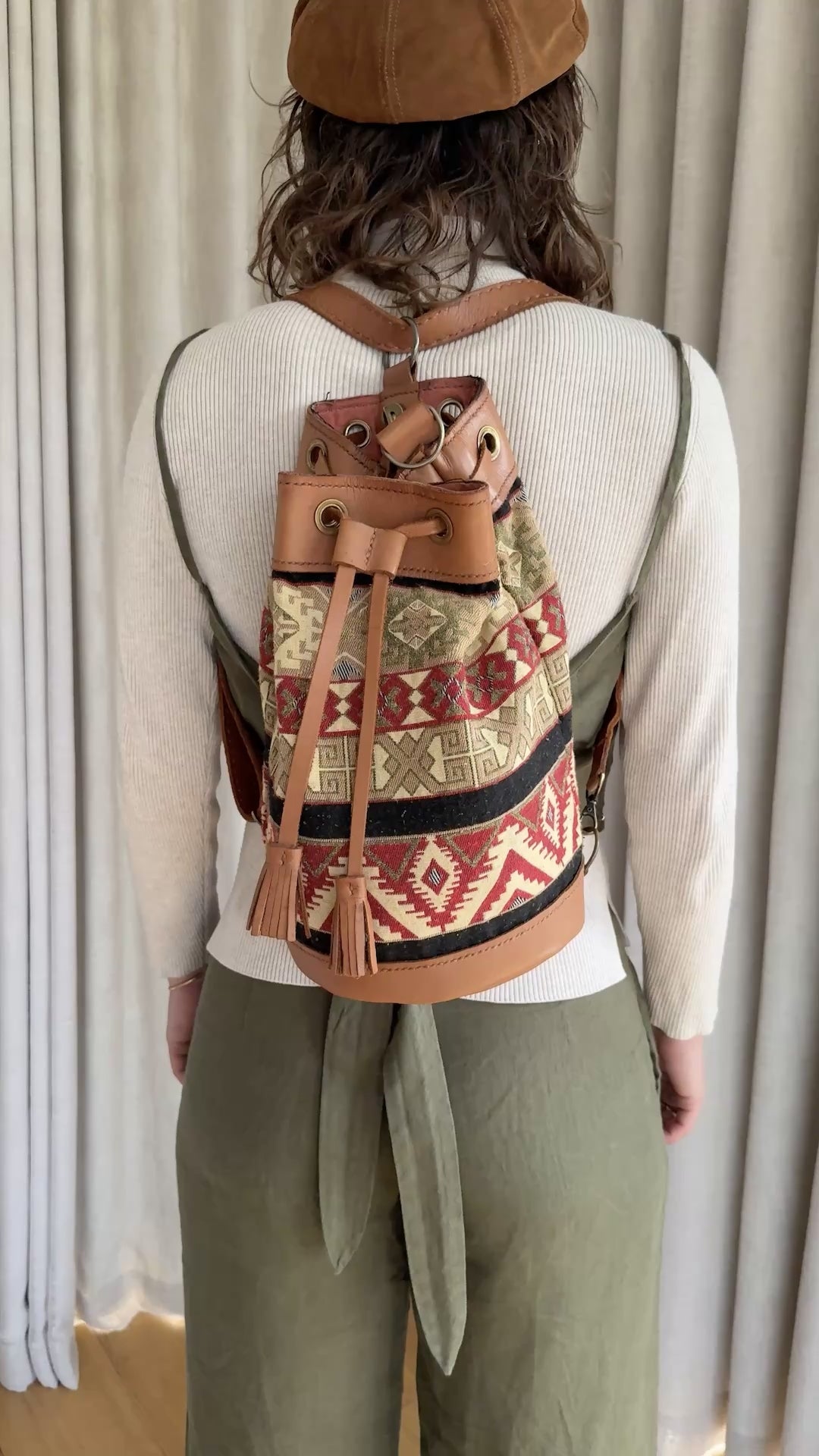 Women's Wanderer Backpack – Coffee leather with Sahara Tapestry cotton