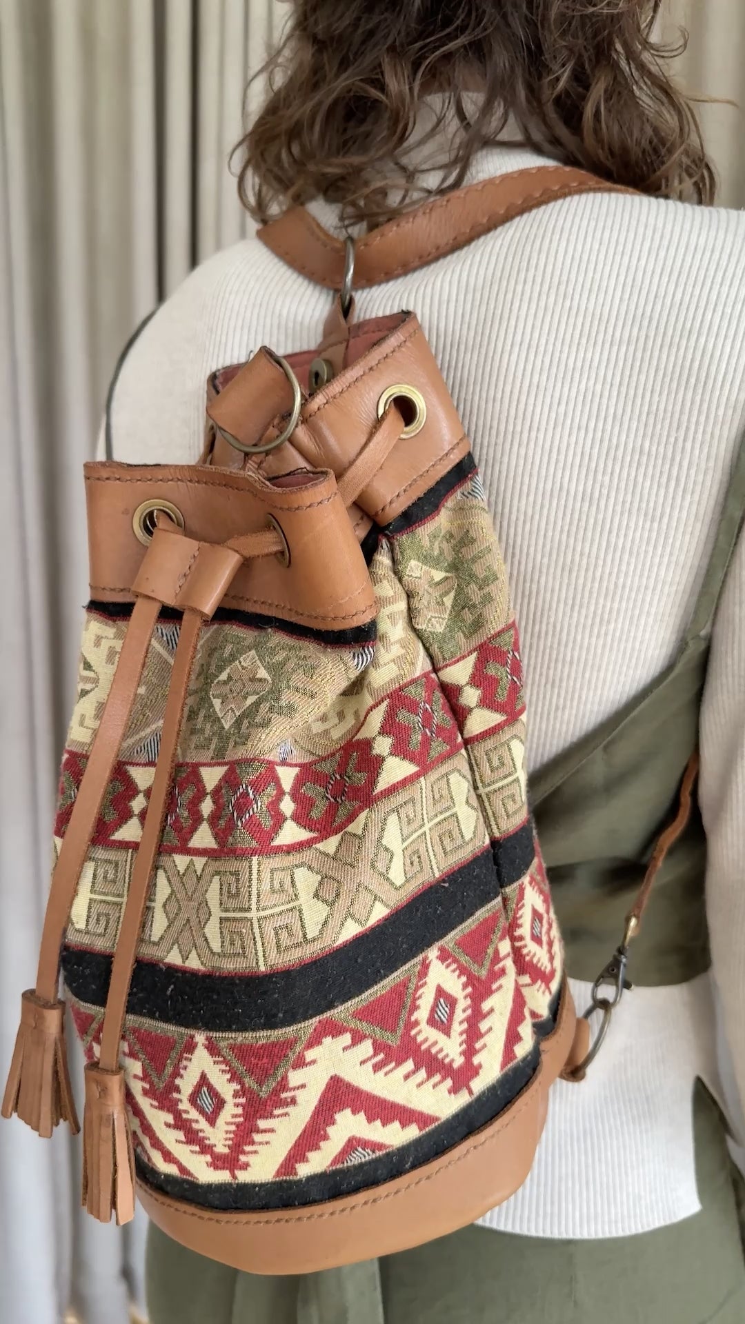 Women's Wanderer Backpack – Coffee leather with Sahara Tapestry cotton
