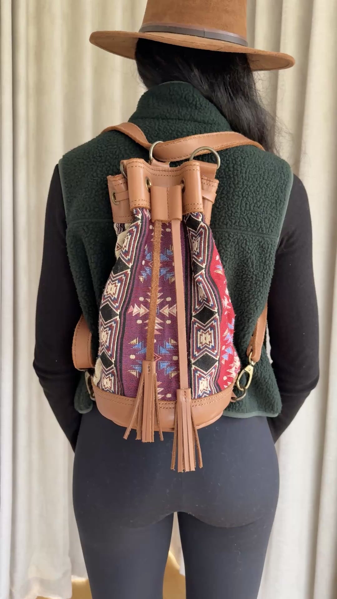 Women's Wanderer Backpack – Coffee leather with Indigo Sky woven cotton detailing