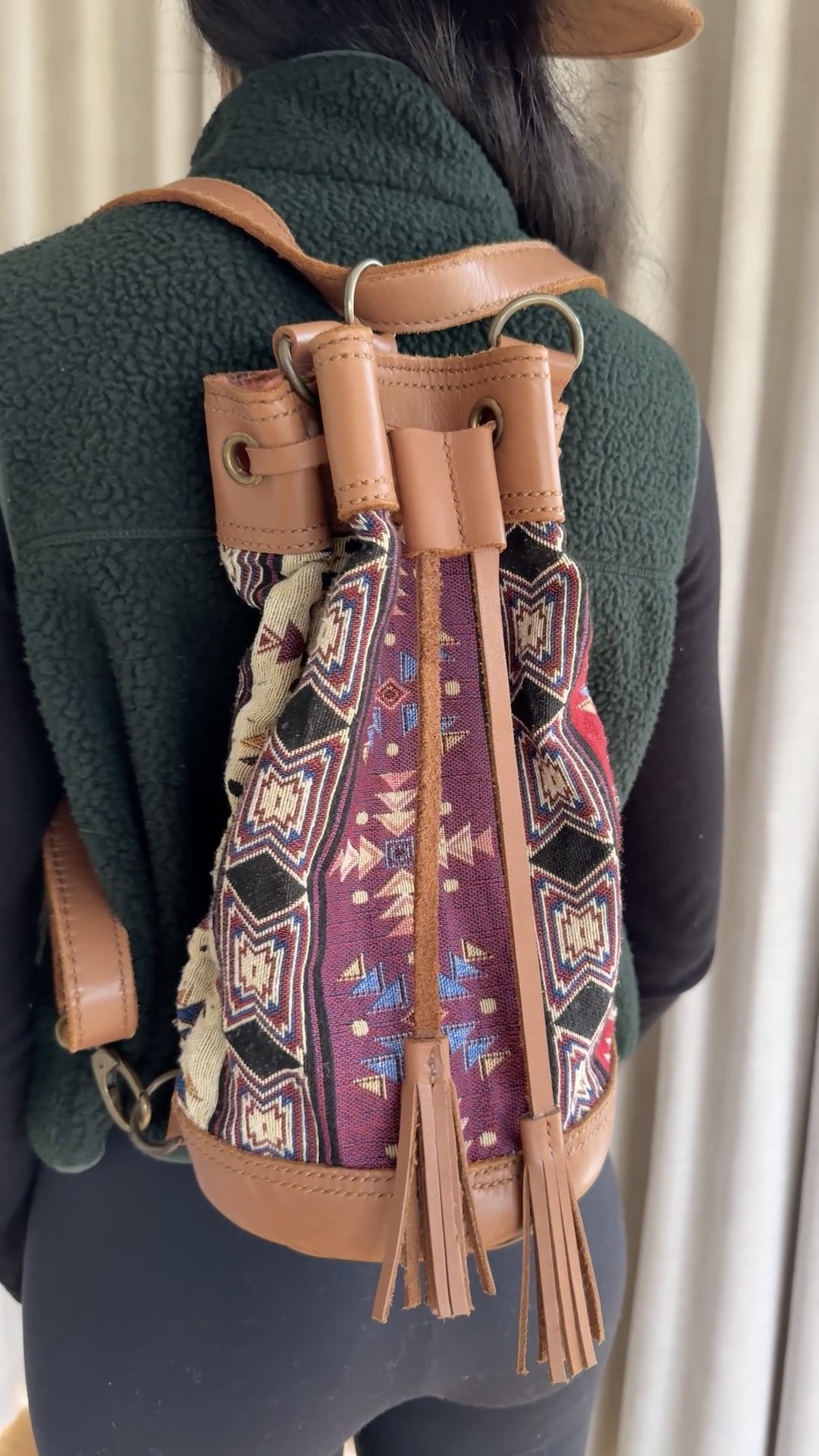 Women's Wanderer Backpack – Coffee leather with Indigo Sky woven cotton detailing