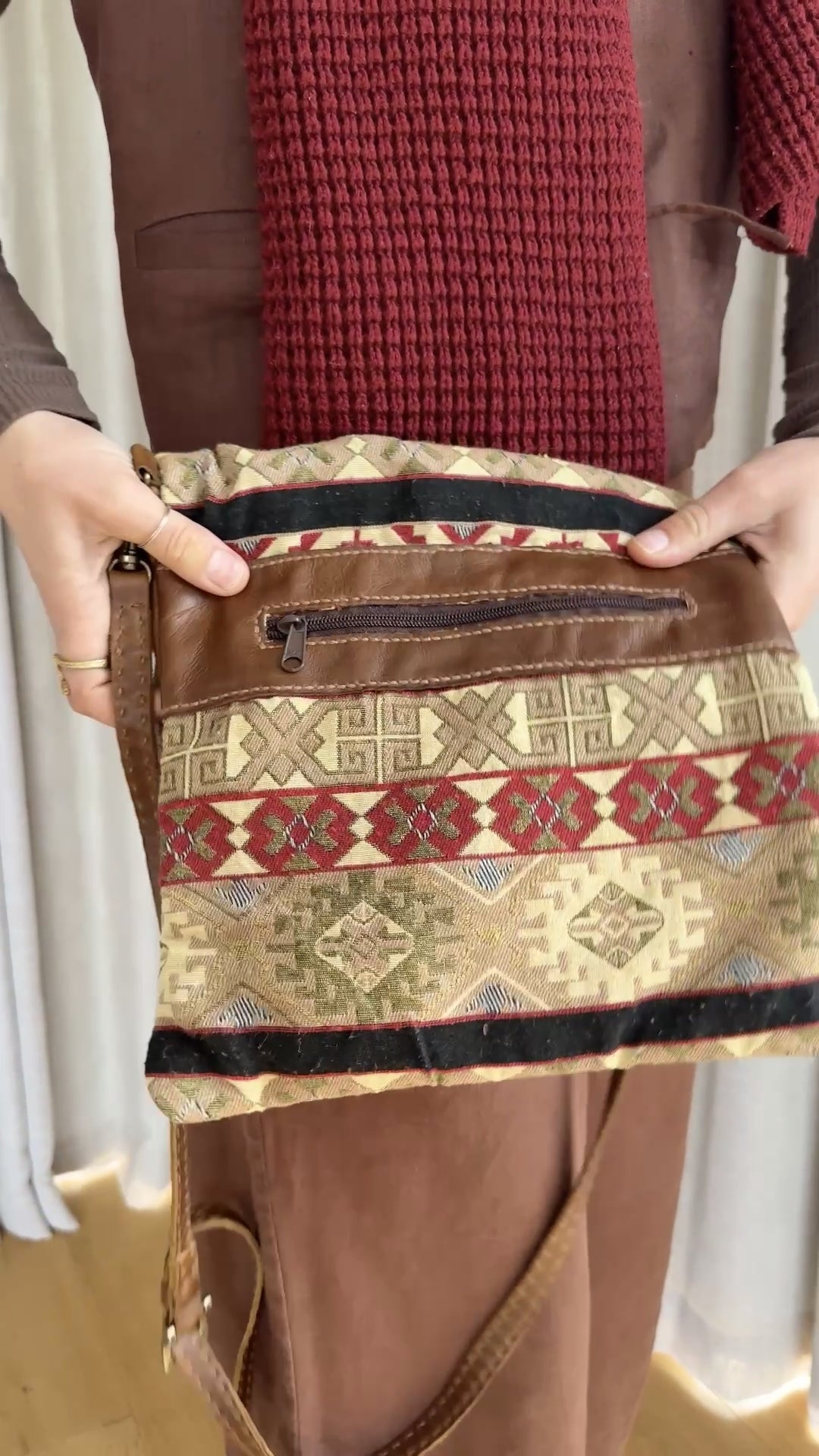 Women's Pyramid Fold Over Bag - Coffee leather with Sahara Tapestry woven cotton detailing