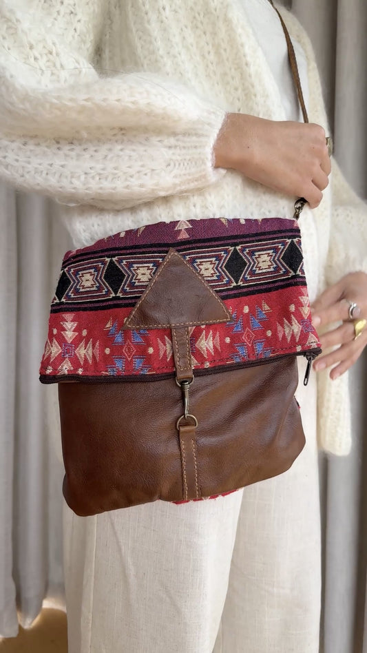 Women's Pyramid Fold Over Bag - Coffee leather with Indigo Sky woven cotton detailing