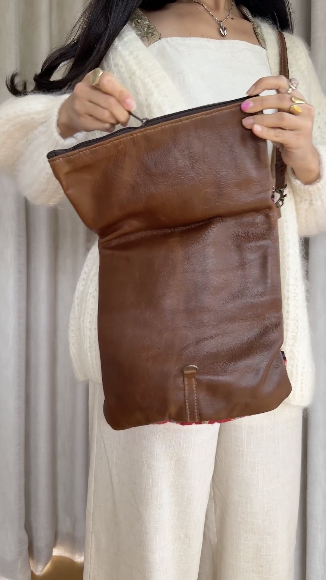 Women's Pyramid Fold Over Bag - Coffee leather with Indigo Sky woven cotton detailing