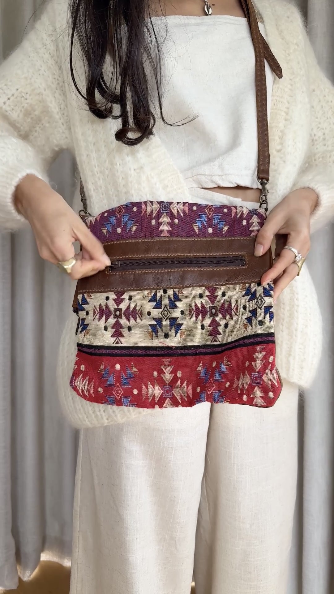 Women's Pyramid Fold Over Bag - Coffee leather with Indigo Sky woven cotton detailing